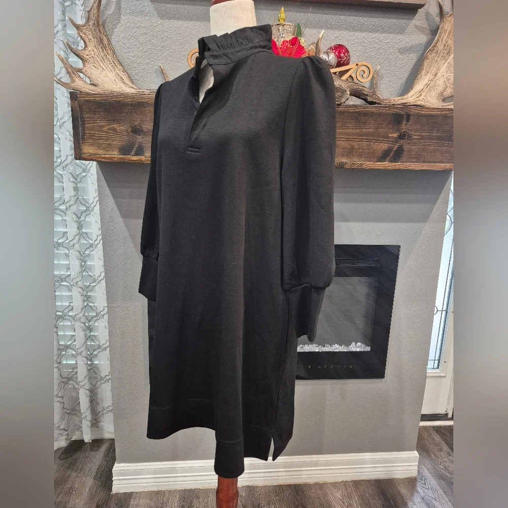 Tuckernuck Pomadere Place Midi Dress Size Medium Elegant Black Ruffle Collar - Picture 3 of 7